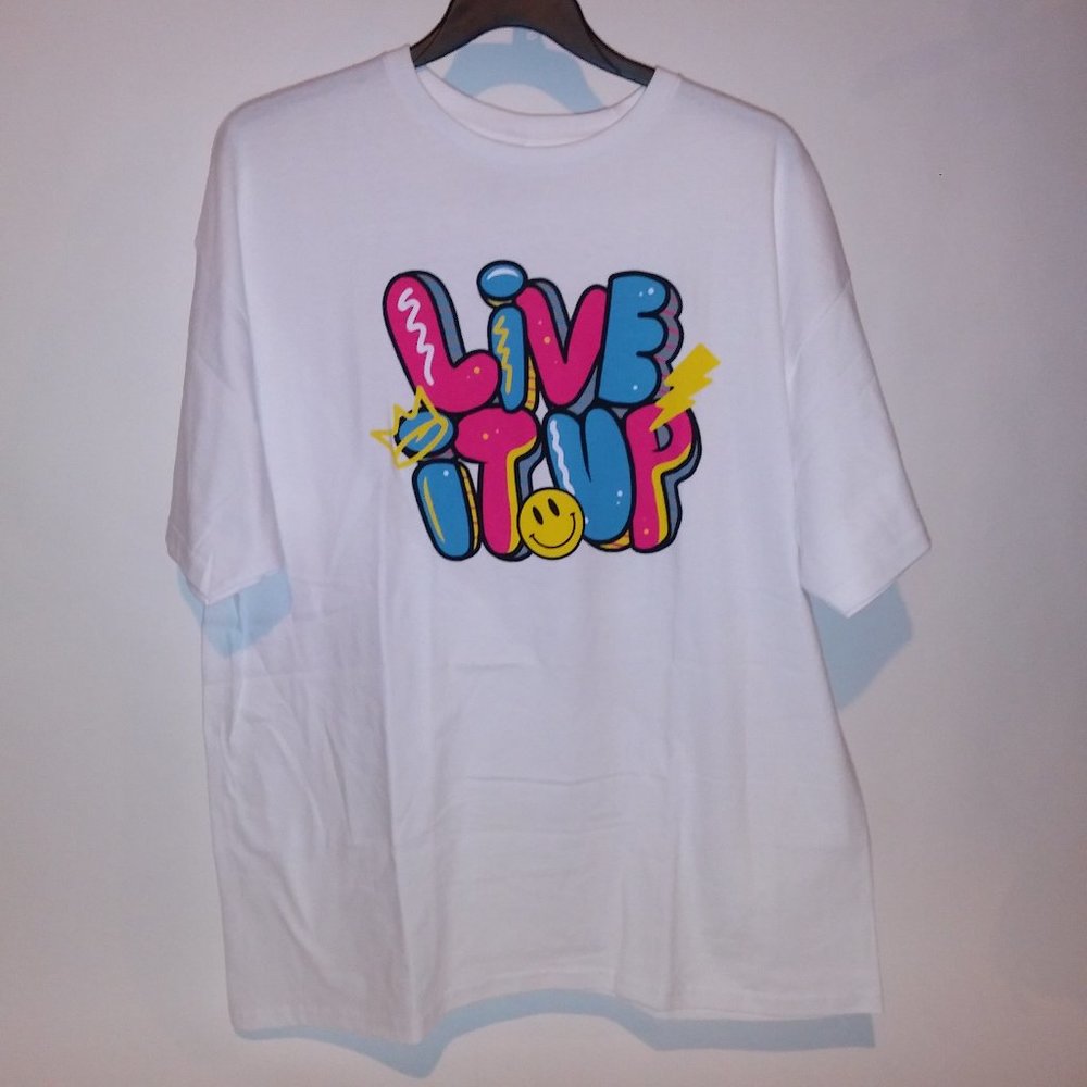 Paid Dues Mens T Shirt XXL White Pink Blue Live it Up Short Sleeve Crew Neck Pit